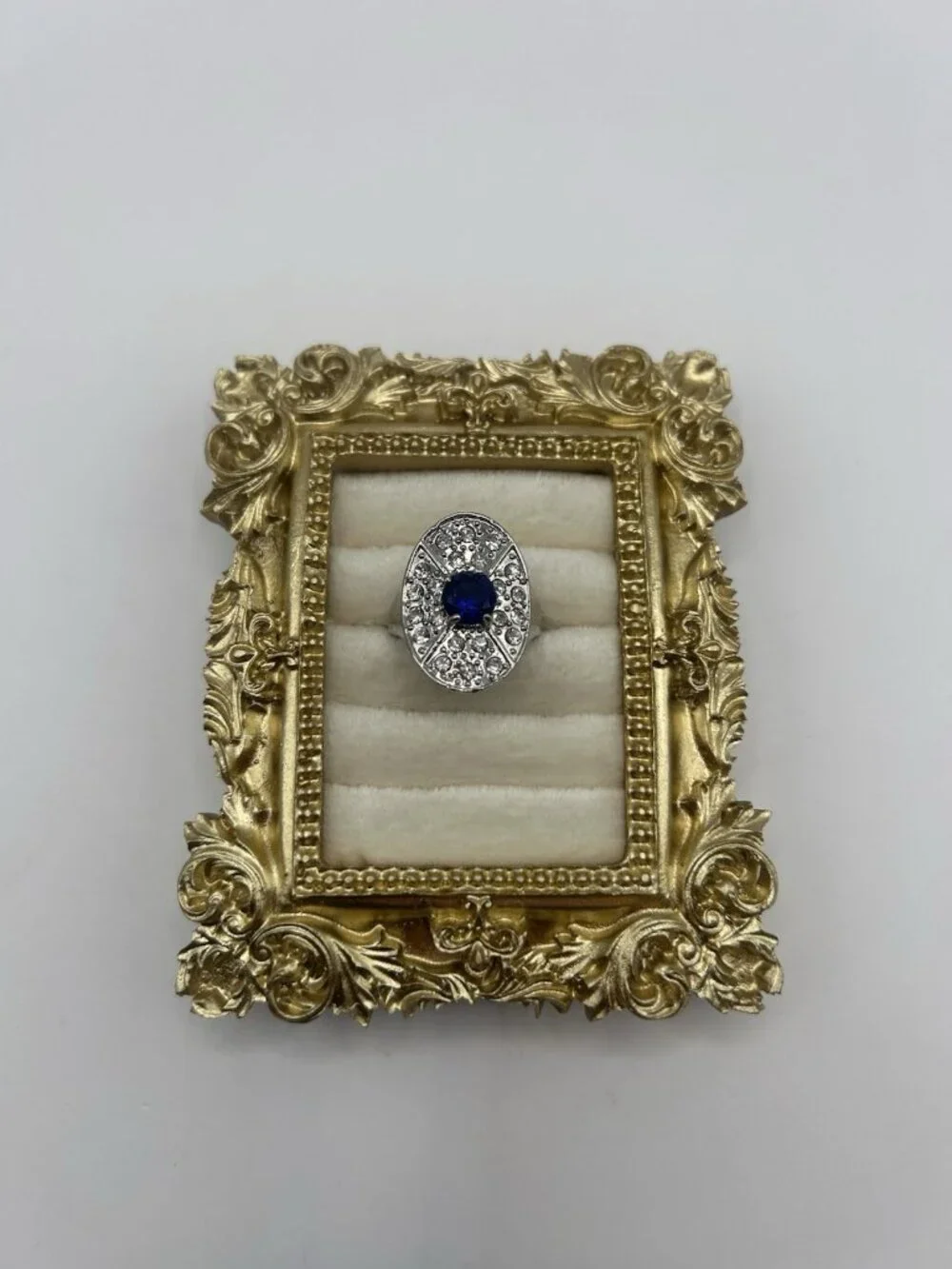 Vintage Style Silver Tone Blue Rhinestone Oval Cocktail Ring Size 8